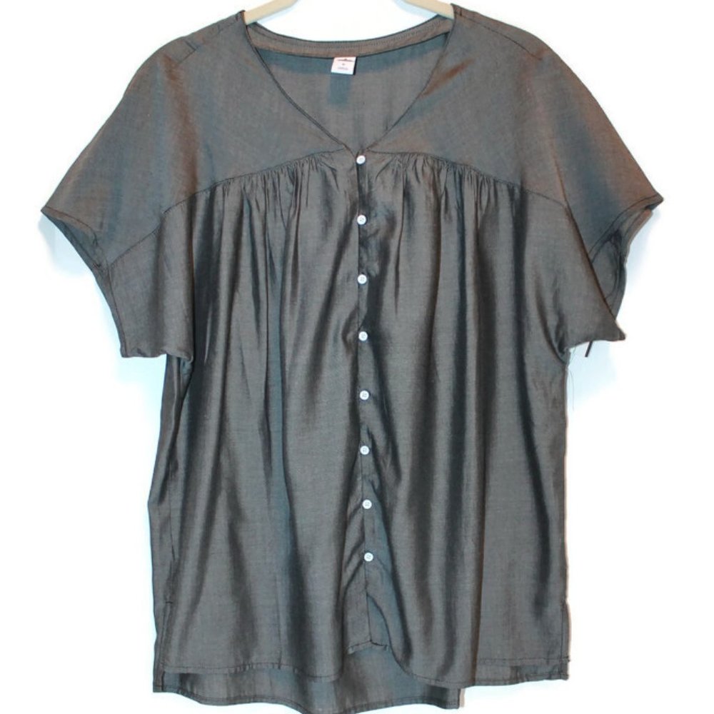 Old Navy Button Up V-Neck Blouse Charcoal Black Top This So You, M, L NEW